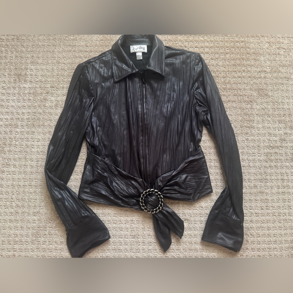 Joseph Ribkoff Black Textured Blouse Tie Front Buckle Top Sz 14